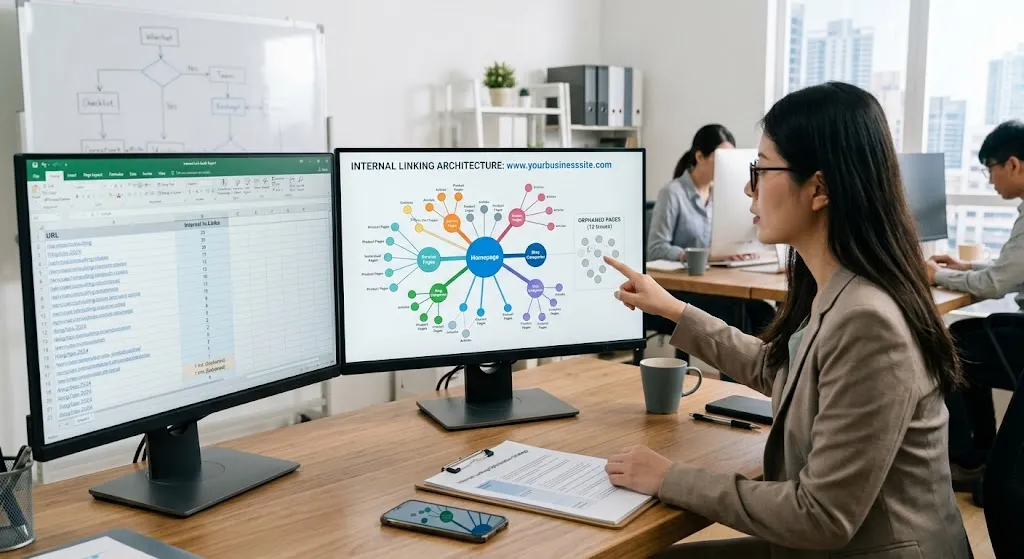 An Asian female SEO specialist in a blazer points to an "Orphaned Pages" chart within an "Internal Linking Architecture" diagram on a desktop monitor, while another screen displays a detailed spreadsheet.