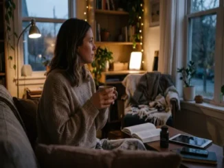 A woman wrapped in a sweater holding a mug and looking thoughtfully out a window during the early dark hours of winter.