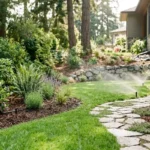 Modern residential yard in Victoria BC with a green lawn, native plant garden beds, a stone path, and active automated lawn sprinklers watering under bright sunlight.