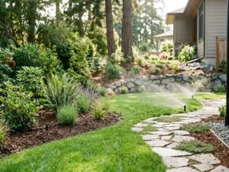 Modern residential yard in Victoria BC with a green lawn, native plant garden beds, a stone path, and active automated lawn sprinklers watering under bright sunlight.