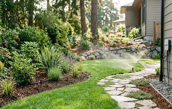 Modern residential yard in Victoria BC with a green lawn, native plant garden beds, a stone path, and active automated lawn sprinklers watering under bright sunlight.