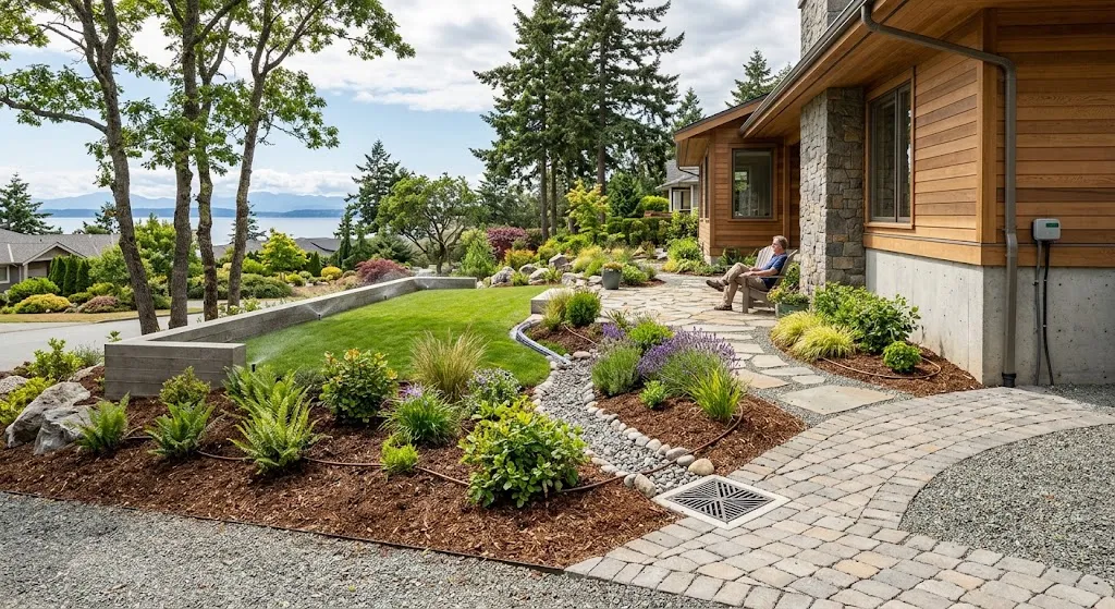 Modern Victoria BC home featuring smart landscape design with native Pacific Northwest plants, drip irrigation lines, pop-up sprinklers, a river rock French drain, and permeable stone walkways.