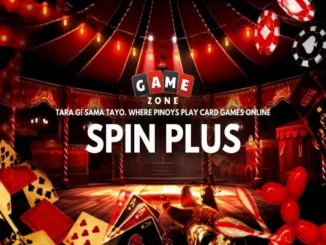 A carnival and circus-themed banner for Spin Plus featuring playing cards, poker chips, a balloon dog, and text reading "Game Zone: Spin Plus - Where Pinoys play card games online."