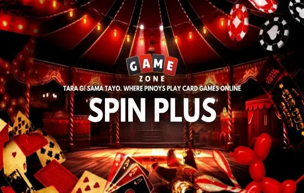 A carnival and circus-themed banner for Spin Plus featuring playing cards, poker chips, a balloon dog, and text reading "Game Zone: Spin Plus - Where Pinoys play card games online."
