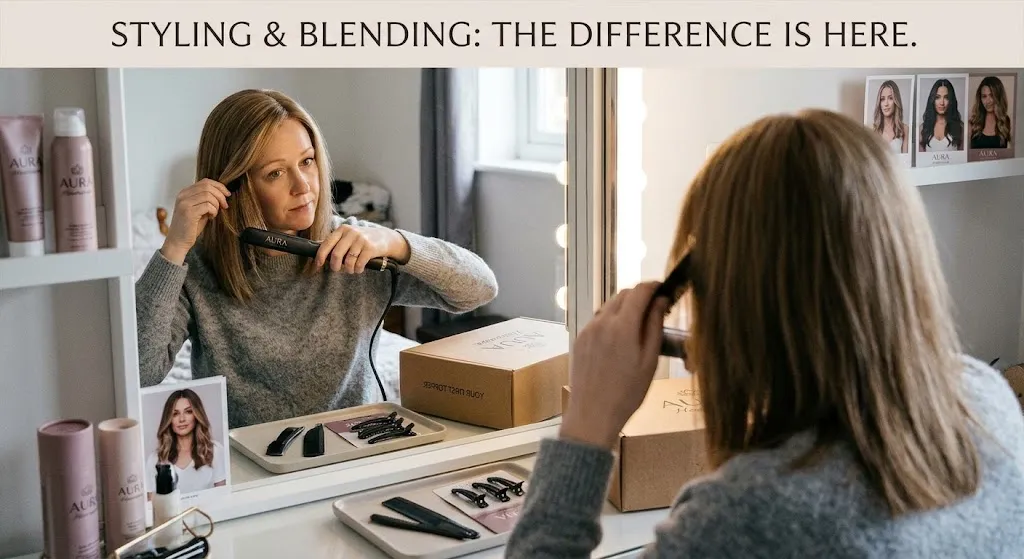 Woman styling and heat-blending her first hair topper at home for a smooth, natural finish.