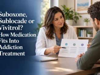 A healthcare professional discussing three medication-assisted treatment options with a patient using a visual comparison chart.