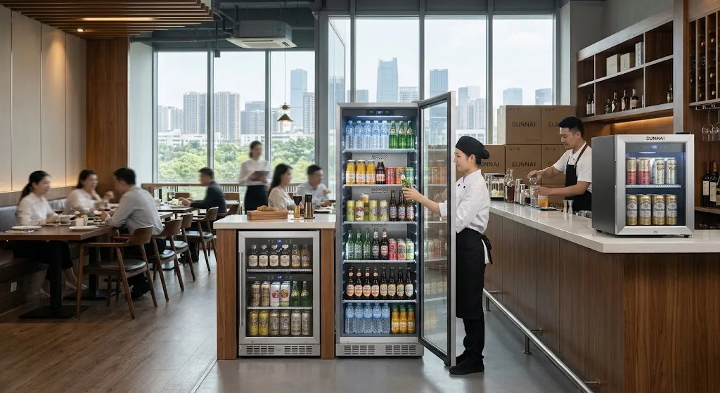 A wide-angle photograph capturing multiple SUNNAI-branded commercial refrigerators in a modern bar and restaurant setting, with staff stocking units and customers dining in the background.