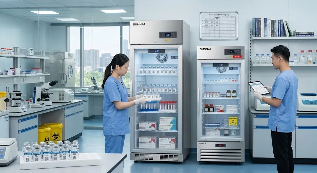 A clean, professional photograph of a laboratory environment with two scientists in blue scrubs interacting with two SUNNAI branded medical-grade refrigerators stocked with vaccines, medicines, and scientific samples, with a city view through the windows.