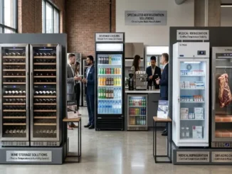 A modern commercial showroom displaying SUNNAI specialized refrigeration units, including dual-zone wine coolers, glass-door beverage fridges, a medical storage refrigerator, and a stainless steel dry-aging meat cabinet.
