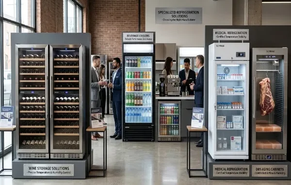 A modern commercial showroom displaying SUNNAI specialized refrigeration units, including dual-zone wine coolers, glass-door beverage fridges, a medical storage refrigerator, and a stainless steel dry-aging meat cabinet.