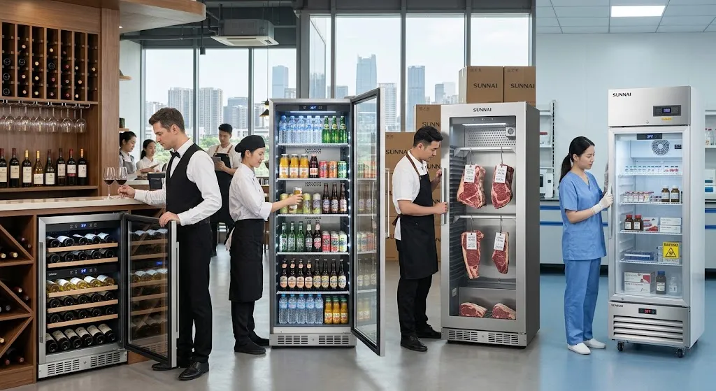 A four-part composite image showing different specialized refrigeration solutions from manufacturer SUNNAI, featuring units for wine storage, beverage cooling, dry-aging meat, and medical supply storage.