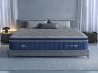 A modern bedroom setup featuring a SweetNight Coolnest cooling mattress with quilted grey top and navy blue side panels on a grey upholstered bed frame.