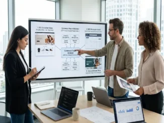 Team of three professionals in a modern office looking at a presentation monitor and discussing Headless Commerce Architecture for multiple storefronts.