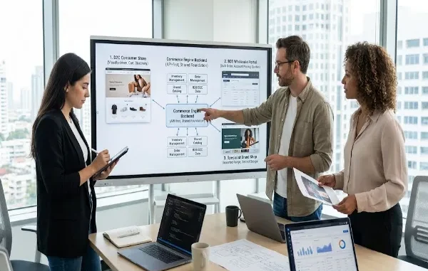Team of three professionals in a modern office looking at a presentation monitor and discussing Headless Commerce Architecture for multiple storefronts.