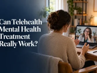 A woman sitting at a cozy desk at home, having a video therapy session on her laptop with a smiling mental health counselor.