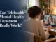 A woman sitting at a cozy desk at home, having a video therapy session on her laptop with a smiling mental health counselor.