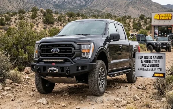A black Ford off-road truck outfitted with heavy-duty front bumper, winch, skid plate, and rock sliders parked near a 4 Wheel Parts shop.