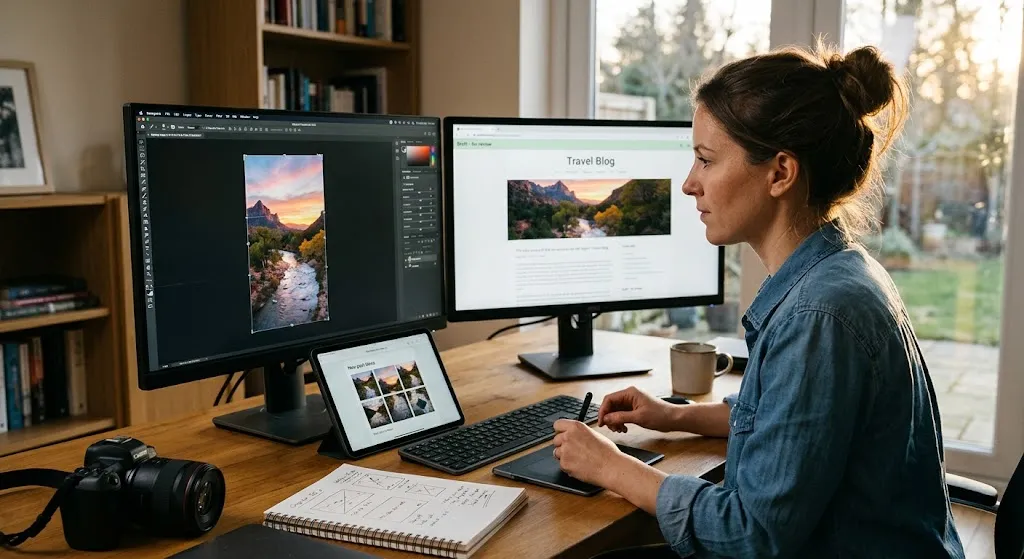 Modern workstation showing an edited landscape image adapted into portrait, wide blog header, and square social media grid formats.