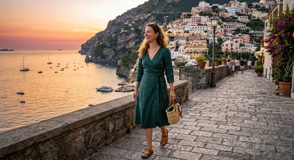 Woman wearing an elegant dark emerald green linen wrap dress paired with gold jewelry and leather sandals, walking along a stone path during a coastal sunset.