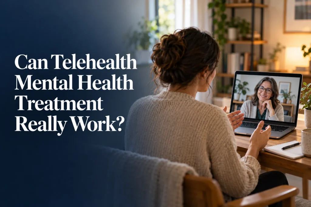 Woman having a virtual therapy appointment on her laptop with a mental health therapist at home.