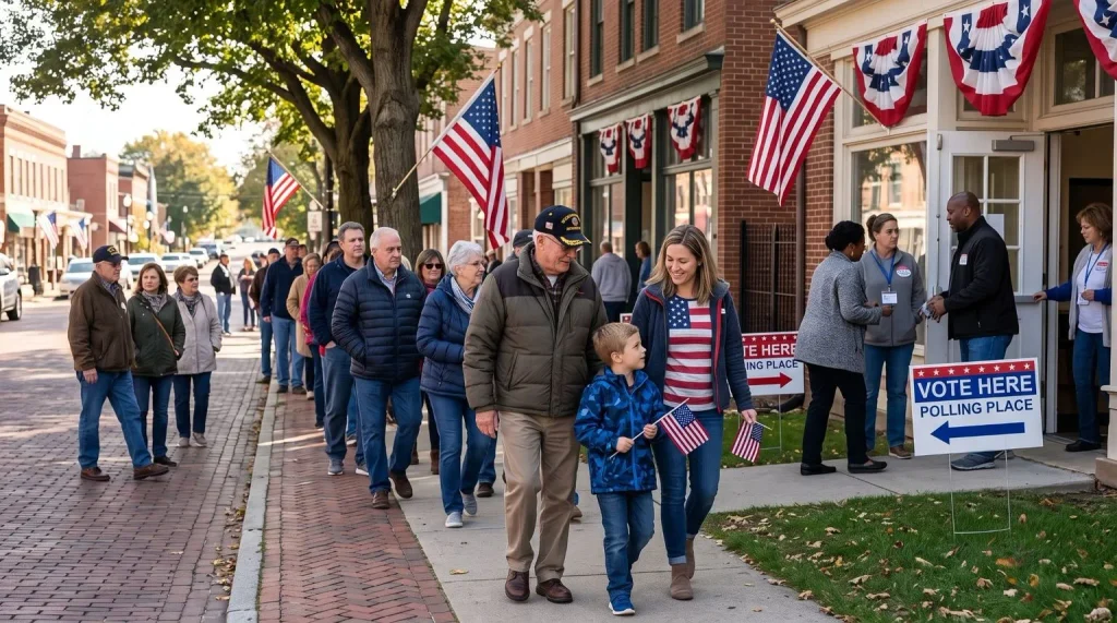 A multi-generational line of community members and a veteran walking past American flags toward a polling place sign.