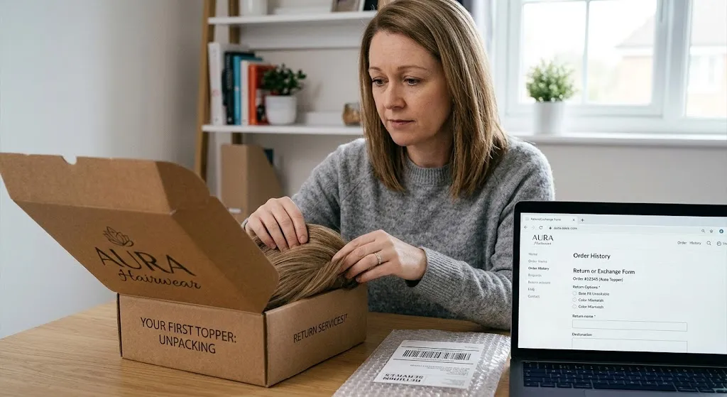 Woman evaluating a hair topper for return or exchange, placing it back in packaging alongside an online customer service portal.