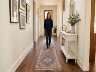 A woman walking barefoot on a blue and red patterned runner rug in a well-lit hallway with dark wood floors, white walls, gallery art, and a white console table with a mirror.