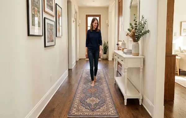 A woman walking barefoot on a blue and red patterned runner rug in a well-lit hallway with dark wood floors, white walls, gallery art, and a white console table with a mirror.
