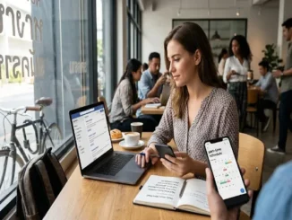 A young woman sits at a table in a bright cafe, looking at her laptop screen which displays "part-time jobs." She holds a smartphone, and a notebook with notes about a "schedule" is open in front of her.