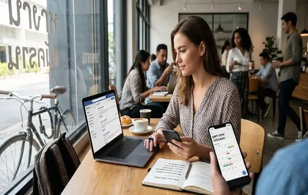A young woman sits at a table in a bright cafe, looking at her laptop screen which displays "part-time jobs." She holds a smartphone, and a notebook with notes about a "schedule" is open in front of her.